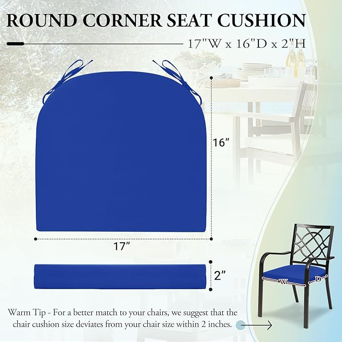 Wellsin Outdoor Chair Cushions for Patio Furniture - Patio Chair Cushions Set of 4 - Water Resistant Round Corner Outdoor Seat Cushions 17"X16"X2", Royal Blue
