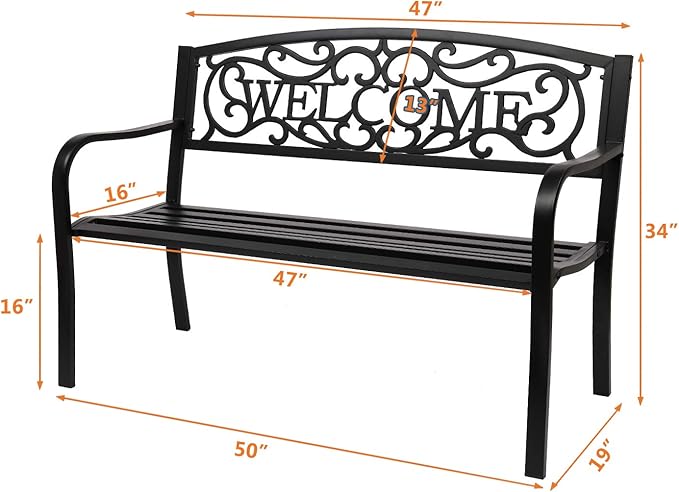 Outvita Outdoor Bench, 50" Metal Garden Bench Patio Park Furniture w/Warm Welcome Pattern & Plastic Backrest for Yard Entryway Deck Porch Black