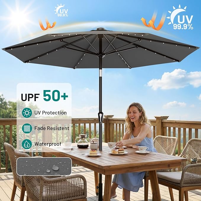 AreShark 9FT Patio Umbrella with Solar Lights, 32 LED Lighted Pool Umbrella w/Tilt and Crank, Outdoor Market Solar Umbrellas for Garden, Deck, Backyard, Pool and Beach, Gray