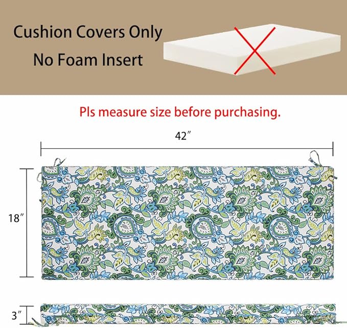Magpie Fabrics Patio Bench Cushion Cover 42x18x3 Inch, NO Insert! Water Resistant UV Protection Outdoor Swing Loveseat Replacement Cover with Zipper, (Botanical Blue Green)
