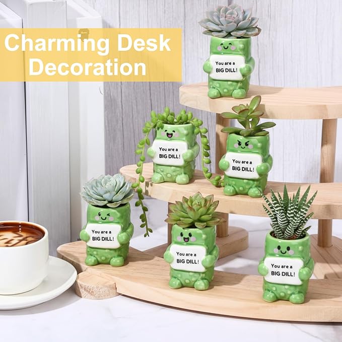 6 Pack 2.5 Inch Pickle Ceramic Succulent Planter Pots with Drainage Hole, Mini Cute Flower Pots Container for Home Office Garden Decoration Emotional Support Buddies Christmas Housewarming Gifts