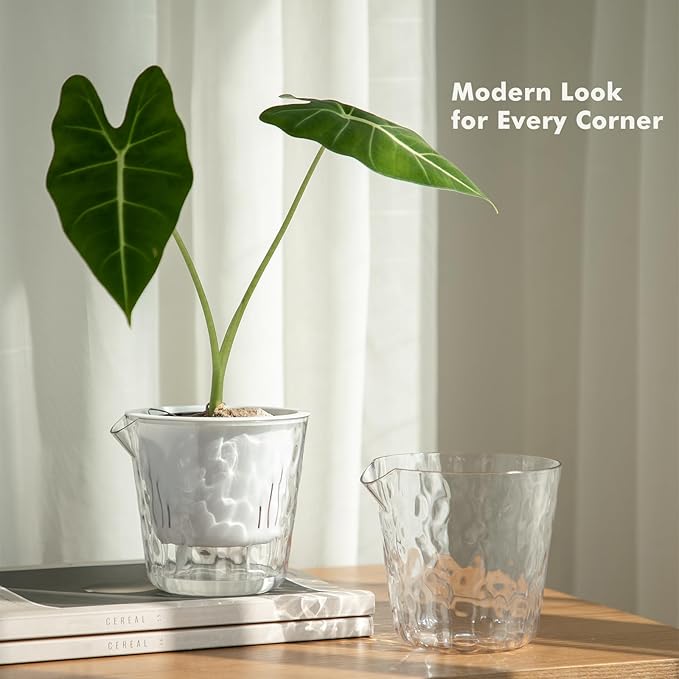 8.5 Inch Self Watering Plant Pots for Indoor Plants 4 Packs African Violet Pot, Self Watering Planters for Herb, Orchid, Devil's Ivy, Flower Houseplant Planters, Clear Plant Pots, White