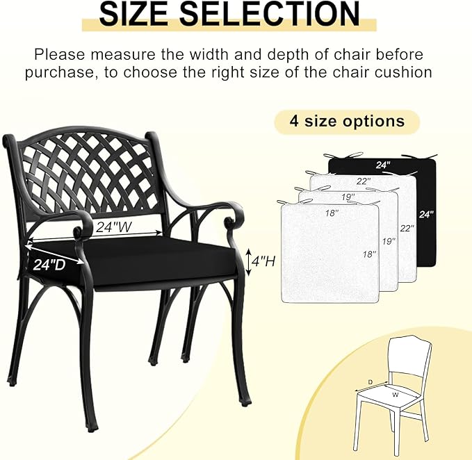 downluxe Waterproof Outdoor Chair Cushions for Patio Furniture, 24" x 24" x 4" Patio Chair Cushion with Adjustable Ties & Portable Handle, Square Outdoor Cushion with Removable Cover, Black, 2 Pack