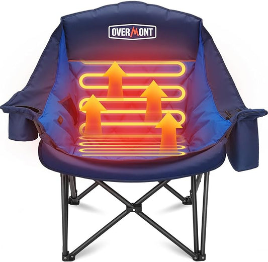 Overmont Heated Oversized Camping Chair for Adults - 3 Heat Levels Seat & Back Separately Control - 400lbs Support Heavy Duty Padded Folding Chair Outdoor Garden Portable - Battery NOT Included