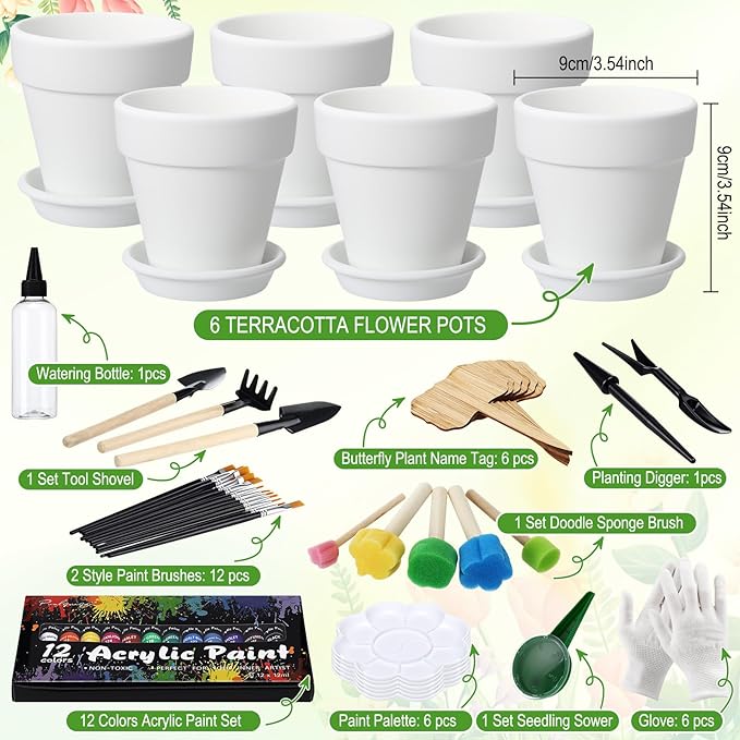 6 Sets DIY Flower Pot Painting Kit 6 White Terracotta Flower Pots with Saucer Planting Gardening Tools 12 Color Acrylic Paints Set Plant Growing Crafts Spring Garden Gift
