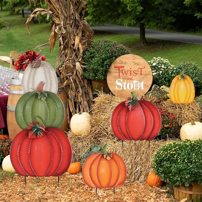 PHITRIC Fall Decorations Outdoor, 34" 2PCS Decorative Garden Stakes with 6 Pumpkins for Fall Decor, Metal Yard Signs for Home Outside Garden Yard Lawn Patio, Thanksgiving Decorations