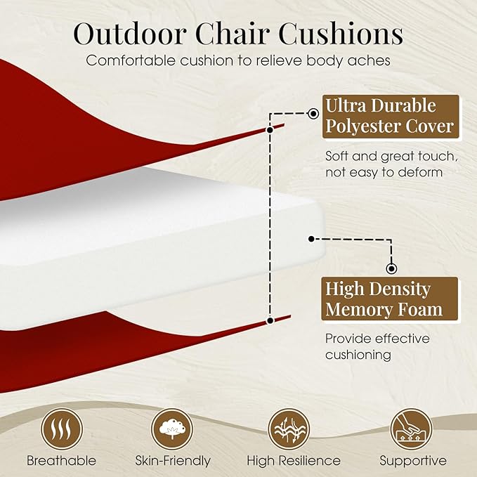 downluxe Outdoor Chair Cushions Set of 4 for Patio Furniture, Water-Resistant Patio Chair Cushions with Ties, High Density Foam Outdoor Seat Cushion, 17" X 16" X 2", Brick Red Visit The Store