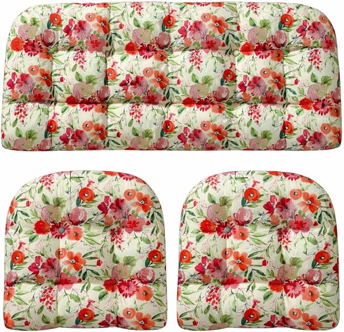 RSH DECOR: 3-Piece Wicker Tufted Cushion Set | 44" x 22" Loveseat & 22" x 22" U-Shapes | Outdoor Replacement Cushions | Water & Fade-Resistant Spun Fabric | Made in USA (Bettina Garden)