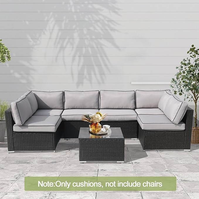 14Piece Outdoor Sofa Cushion Replacement, Patio Furniture Waterproof Cushion with Zippers, fit 6-Seat Outdoor Wicker Rattan Sectional Couch (Light Gray and Black, 24.8"x24.8"x3.15")
