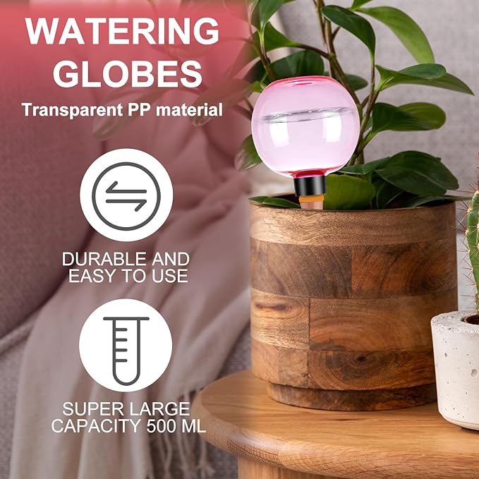 2 Pack Self Watering Globes 17oz Large Plant Watering Globes Top Fill, Self Water Planter Insert Indoor/Outdoor Plastic Water Bulbs Slow Release Terracotta for Plants, Pink