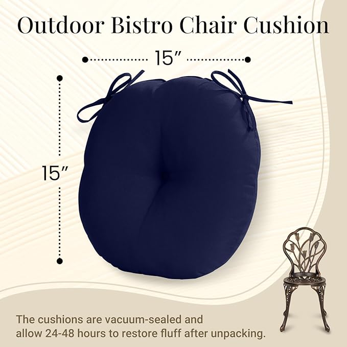 downluxe Bistro Chair Cushions for Patio Furniture, Water-Resistant Round Outdoor Chair Cushions Set of 2 with Non-Slip Ties, 15" x 15", Navy