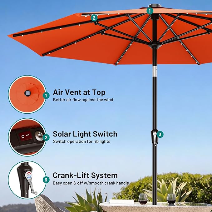 AreShark 9FT Patio Umbrella with Solar Lights, 32 LED Lighted Pool Umbrella w/Tilt and Crank, Outdoor Market Solar Umbrellas for Garden, Deck, Backyard, Pool and Beach, Orange