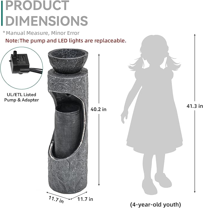 40" Tall Outdoor Water Fountain, Dual-Layer Column Garden Fountain with Bird Feeder, Resin Soothing Cascading Waterfall Foutain for Patio, Backyard, Garden or Porch Decor