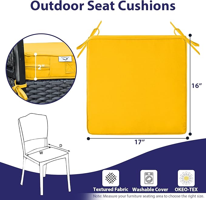 Outdoor Chair Cushions Set of 4,Waterproof Outdoor Seat Cushions for Patio Furniture,Patio Chair Cushion with Handle and Ties, Square Out Door Chair Pads,17" x 16" x 2", Yellow