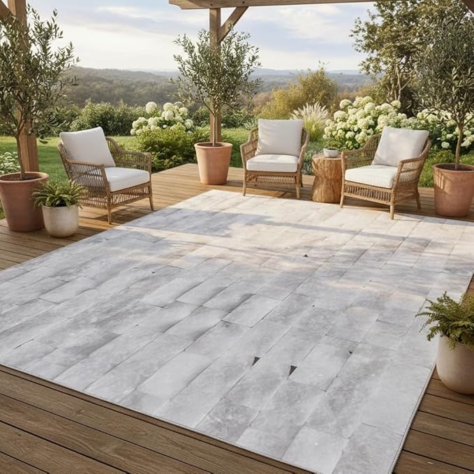 Natural White Rock Stone Outdoor Rug for Patio Deck Pool Balcony Garden Backyard Machine Washable Stone Print Outside Carpet 10x12 Foldable Easy Clean Waterproof Camping Rv Picnic Floor Carpets Mat