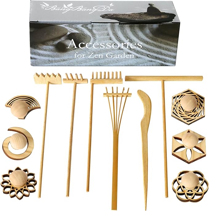 BangBangDa Mini Zen Garden Accessories - Tabletop Zen Garden Tools - Zen Garden Kit Rakes and Zen Stamp for Office Mini Zen Garden Set of 12