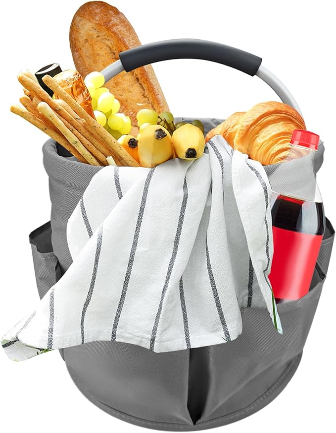 Deep Gray 17 L Picnic Garden Tool Bag with 6 Pockets, Foldable Bucket Organizer for Storage Camping Home Cleaning Products, Portable Garden Caddy Tote with Handle Harvest Basket (Deep Gray)