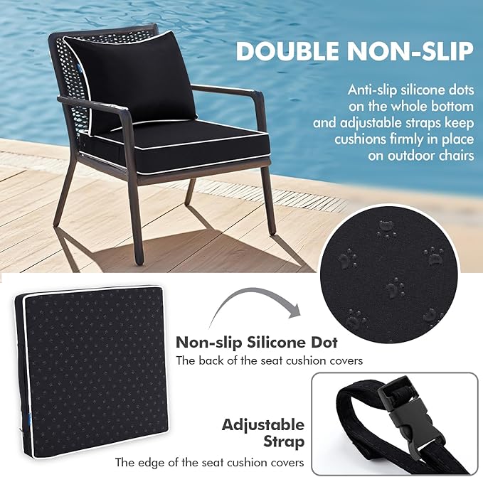 MIULEE Black Outdoor Seat Cushion 22x24 Inch Waterproof & 3 Year Fade Resistant Deep Seat and Back Cushion for Patio Furniture Chair Sofa Couch with Handle and Adjustable Straps