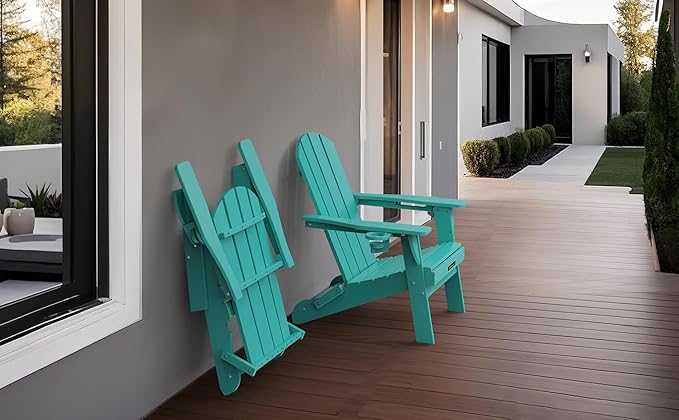 Folding Adirondack Chair Set of 6, Wooden Textured Plastic Adirondack Chairs with 2 Cup Holder, Weather Resistant HDPE Fire Pit Chair, Outdoor Patio Chairs for Garden, Backyard, Lawn, Deck, Lake Blue