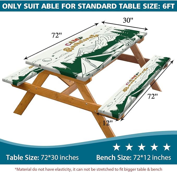 3PCS Picnic Table Cover with Bench Cover Green Forest Tent Torch Pattern Camping Tablecloth Fitted Picnic Table Cover with Elastic Windproof Waterproof, Outdoor & Garden Camping Accessories 60IN
