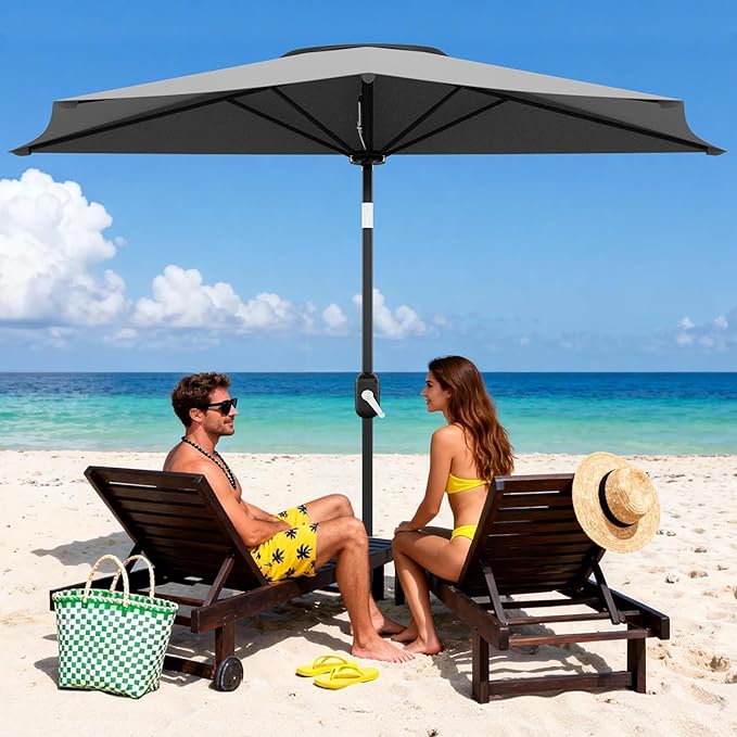 Garvee Patio Umbrella 9FT - Half Umbrella Outdoor with Smooth Crank Lift, Outdoor Shade Canopy for Patio, Backyard, Garden, Deck, Balcony -Gray