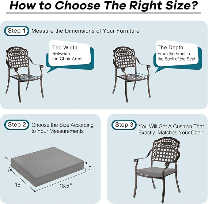 Basic Beyond Outdoor Chair Cushions Set of 6, Square Corner Outdoor Cushions for Patio Furniture, Water Resistant Patio Chair Cushions with 2 Ties, 18.5x16x3, Light Grey