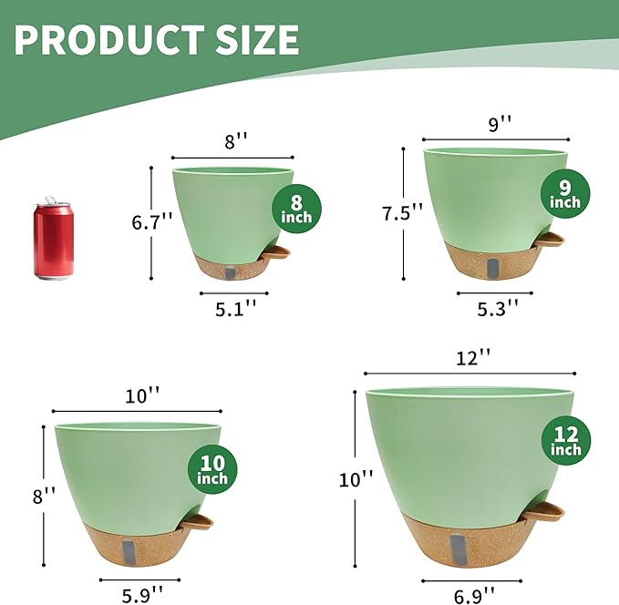 MNKXL 12"/10"/9"/8" Self Watering Pots with Visual Water Window,Extra Large Self Watering Plant Pots with Drainage Holes & Saucers,Green Planters for Indoor Plants,4-Pack