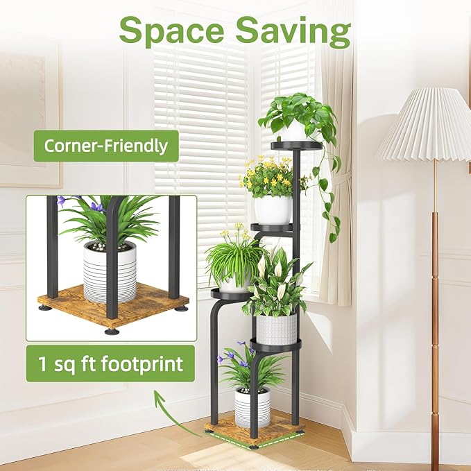 iDavosic.ly Tall Plant Stand Indoor, 4 Tier Corner Multiple Flower Holder Shelf with Metal Trays, Space Saving Display Rack for Living Room Balcony Patio Porch Outdoor | Black & Brown