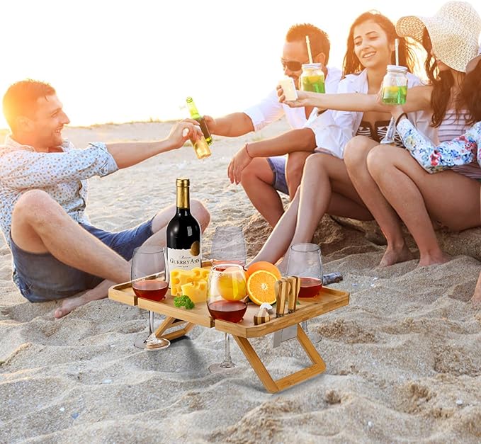 Kingrol Bamboo Wine Picnic Table with Wine Bottle, Glass and Cheese Knife Holder - for Park Camping Beach Outdoor Snack, Wine Lover Gift, Foldable and Portable, 16.1 x 12.5 x 6 Inch