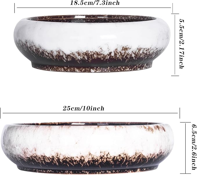 ARTKETTY Succulent Pots with Drainage, Large Succulent Planter with Stand and Saucer Shallow Bonsai Pots Ceramic Cactus Flower Planter Pot for Indoor Plants (7.3 and 10'')