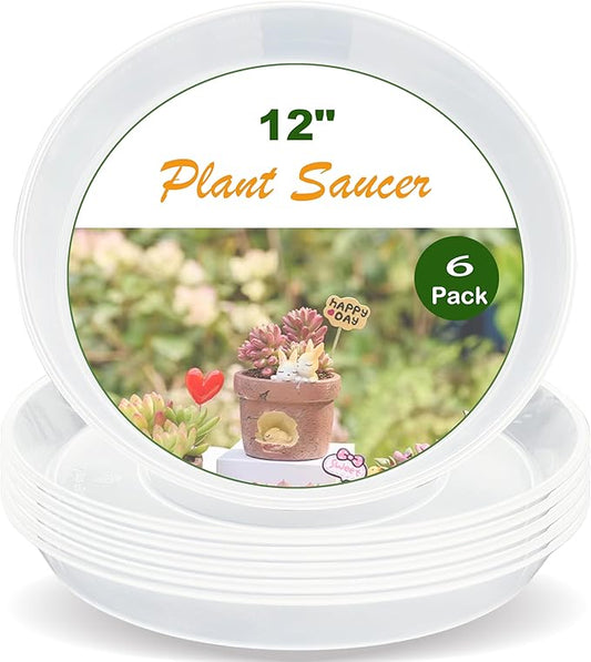 Plant Saucer Tray 12 inch, 6 Pack Plastic Plant Trays Saucers for Indoors Outdoor, Heavy Duty Drainage Drip Water Trays for Planter Pots Flower, Round Pebble Tray, Pots Base (12", Clear)