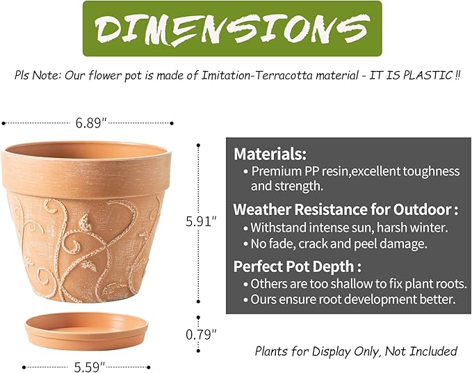 Melphoe Plant Pots Indoor with Drainage & Saucer, 2Pack 7 inch Flower Pots Outdoor Planters for Indoor Plants Garden Home Decor Cactus Succulent, Rigid Plastic (Imitation-Terracotta) Vine-Embossed
