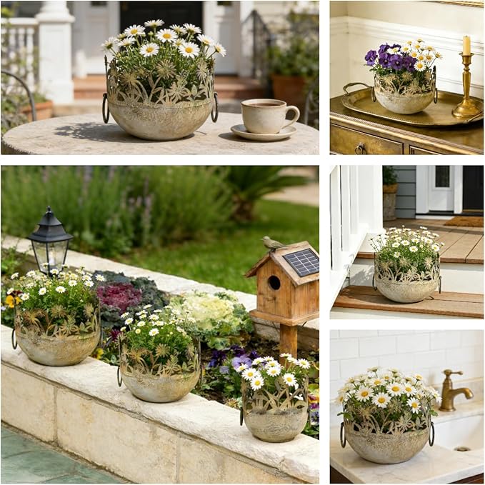 3-Piece Vintage Metal Floral Cutout Planter Set, Rustic Garden Flower Pots for Indoor Outdoor Decor, Distressed Bronze Planters with Handles