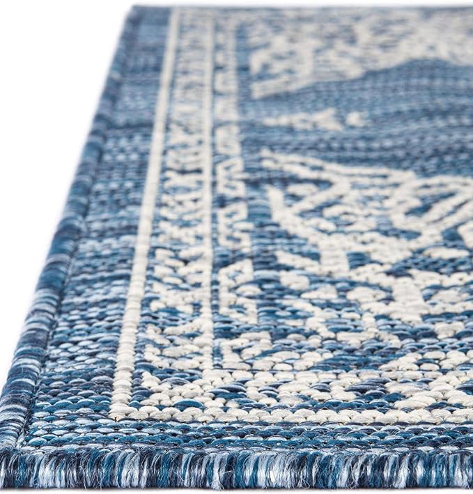 Unique Loom Outdoor Traditional Collection Area Rug - Antique (2' x 8' Runner Blue/Ivory)