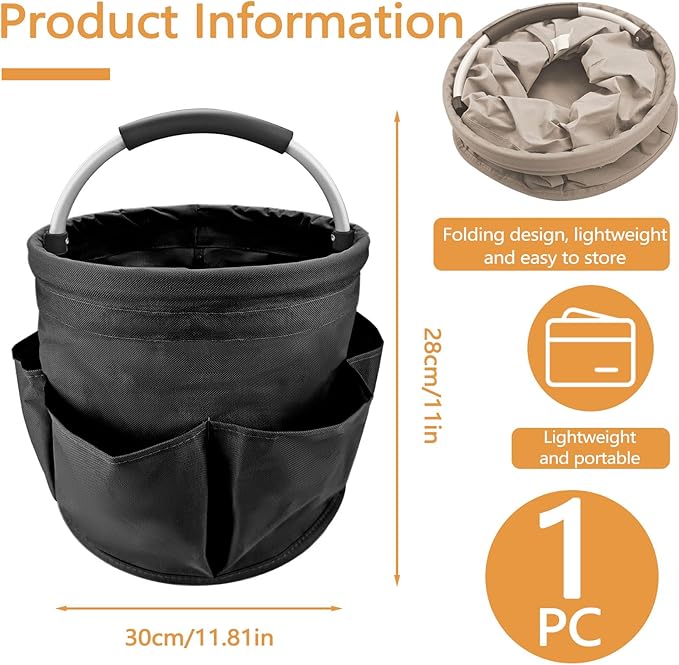 Black 17 L Picnic Garden Tool Bag with 6 Pockets, Foldable Bucket Organizer for Storage Camping Home Cleaning Products, Portable Garden Caddy Tote with Handle Harvest Basket (Black)