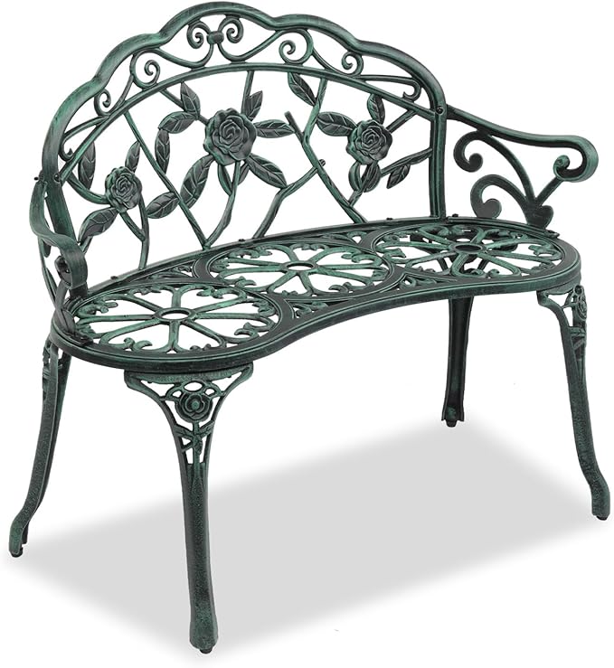 Outvita Outdoor Bench, 38"" Cast Aluminum Garden Bench Anti-Rust Weather Resistant Patio Bench Rose Pattern Bench for Front Porch, Backyard, Lawn, 1, Green