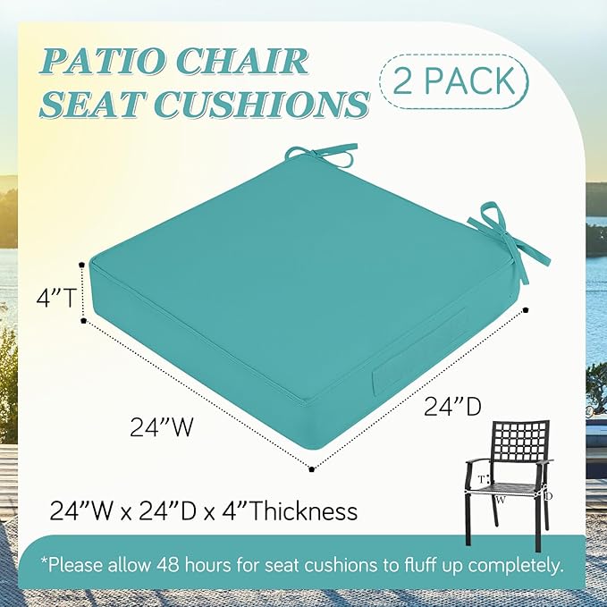 Waterproof Outdoor Chair Cushions Set of 2, Square Outdoor Seat Cushions with Ties and Removable Covers, 24 x 24 Outdoor Cushions for Patio Furniture with Portable Handle(Teal)