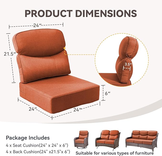 Outdoor Cushion Set for Patio Furniture, UV Resistant, Water Resistant - 6 Inch Thick Dual Layer Back Support Cushions– 24x24 Inch Patio Seat Covers for Chair/Sofa/Couch | Orange | 4-Pack |