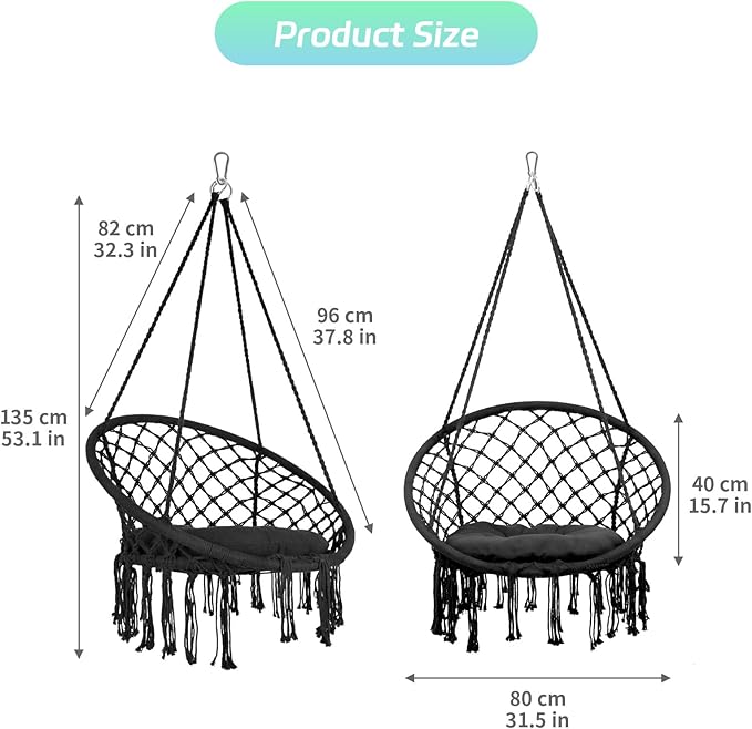 RQR Hammock Chair Macrame with Cushion, 500 LBS Heavy Duty Swing Chair, 31.5" Wide Seat, Steel O-Rings for Indoor Outdoor Bedroom and Balcony Garden (Black)
