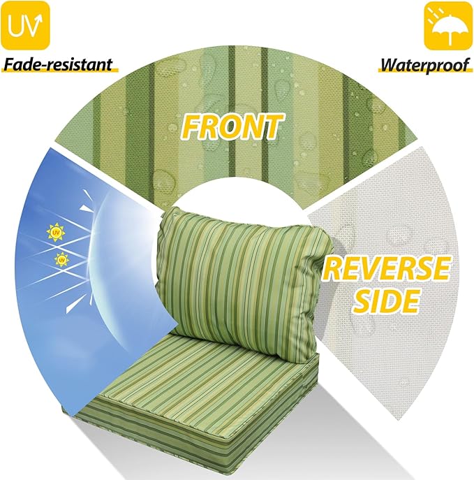 AAAAAcessories Outdoor Seat Cushions for Chairs, Fade-Resistant, Waterproof Patio Furniture Replacement Cushions, 25.5" x 25.5" x 5" + 25.5" x 19", Set of 4, Mossy Forest Stripe