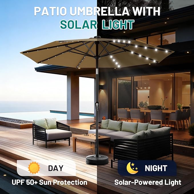 AreShark 9FT Patio Umbrella with Solar Lights, 32 LED Lighted Pool Umbrella w/Tilt and Crank, Outdoor Market Solar Umbrellas for Garden, Deck, Backyard, Pool and Beach, Khaki