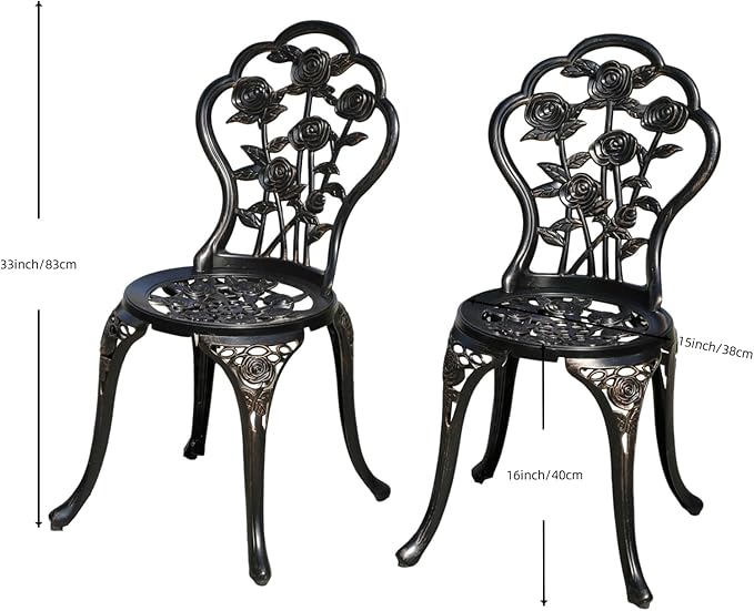 KAILI Rose Garden Cast Aluminum Bistro Chairs, Decorative Outdoor Patio Seating, Set of 2, White and Black (Rose Chair Bronze)