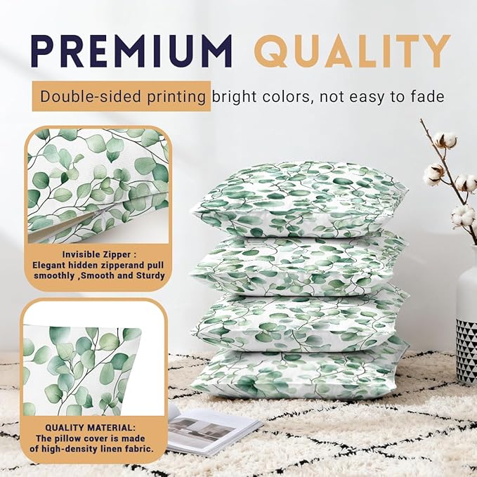 Watercolor Pillow Covers 18x18 inch Set of 4, Green Eucalyptus Leaf Botanical Wall Cushion Case Outdoor Sofa Throw Pillows Cover Garden Pillow Covers for Couch Living Room Bed Indoors Home Decor