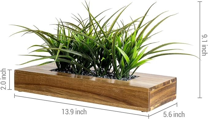 MyGift Large Artificial Green Grass Plants Potted in 14 Inch Premium Acacia Solid Wood Rectangular Planter Box, Decorative Tabletop Faux Greenery Centerpiece Décor