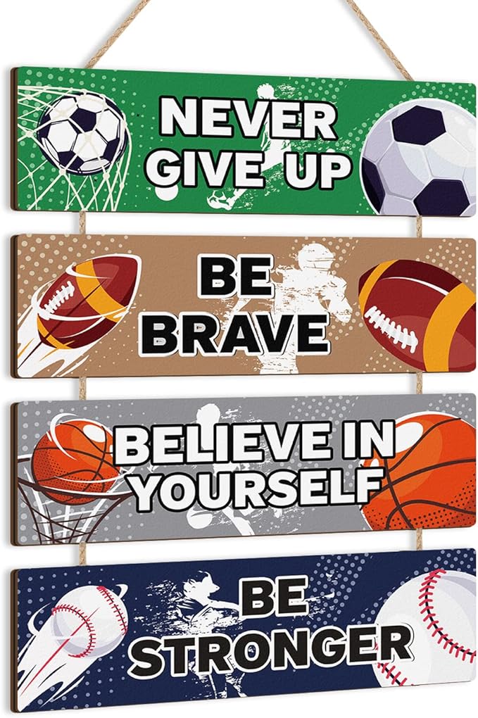 HLNIUC Sport Themed Wall Decor,Football Wood Sign(3.5"x12"),Inspirational Never Give Up Wooden Sign,Basketball Wood Hanging Wall Art For Boys Kids Room Playroom Nursery Decor(Retro Style)