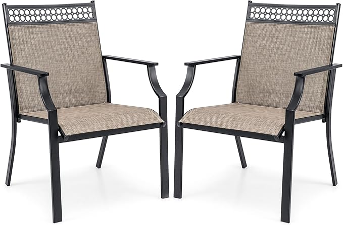 Giantex Patio Chairs Set of 2, Outdoor Chairs with All Weather Fabric, High Backrest, Armrests, Heavy Duty Metal Armchair, Outside Dining Chairs for Porch Lawn Garden Yard Pool (Light Brown & Black)