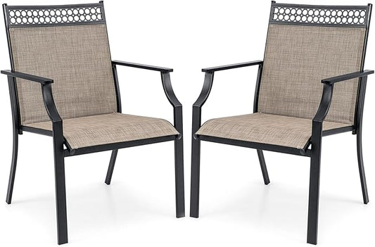 Giantex Patio Chairs Set of 2, Outdoor Chairs with All Weather Fabric, High Backrest, Armrests, Heavy Duty Metal Armchair, Outside Dining Chairs for Porch Lawn Garden Yard Pool (Light Brown & Black)