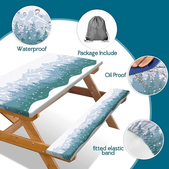 Picnic Table Cover with Bench Covers Waterproof Windproof Camping Tablecloth with Drawstring Bag, Outdoor Patio Camping Essentials, 72 Inch 3PCS, Green Blue