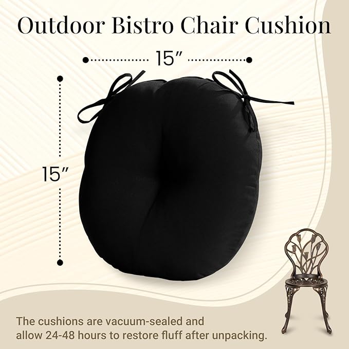 downluxe Bistro Chair Cushions for Patio Furniture, Water-Resistant Round Outdoor Chair Cushions Set of 4 with Non-Slip Ties, 15" x 15", Black