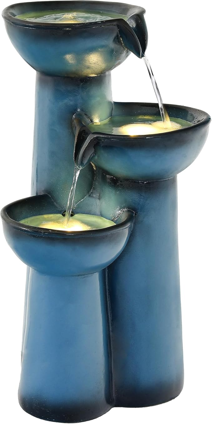 27" Outdoor Fountain, 3-Tier Modern Column Water Feature with LED Lights, Resin Soothing Cascading Waterfall for Patio, Backyard, Garden or Porch, Blue